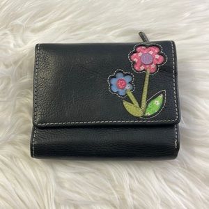Black Pebble Leather Embroidered Flower Trifold Wallet